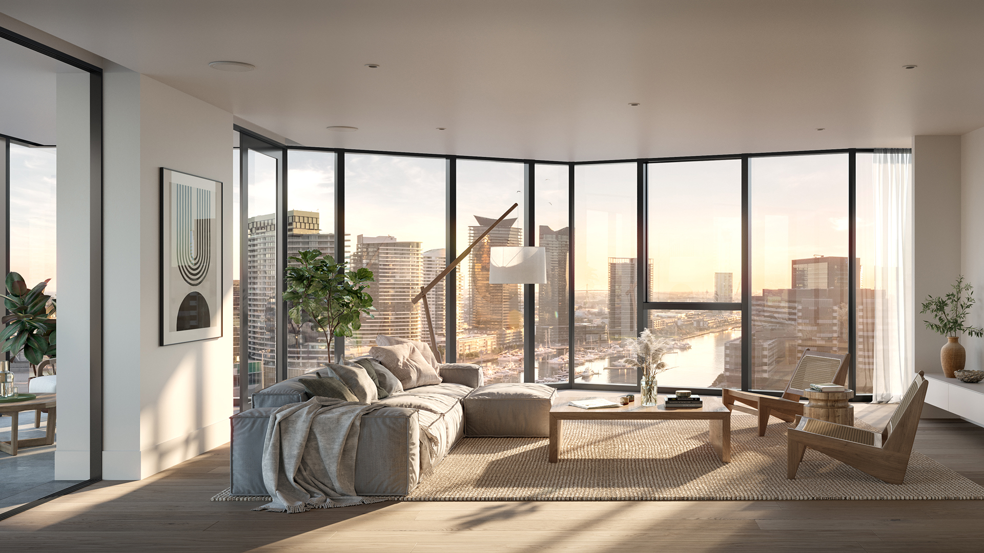 Seafarers living room with view of Melbourne Docklands