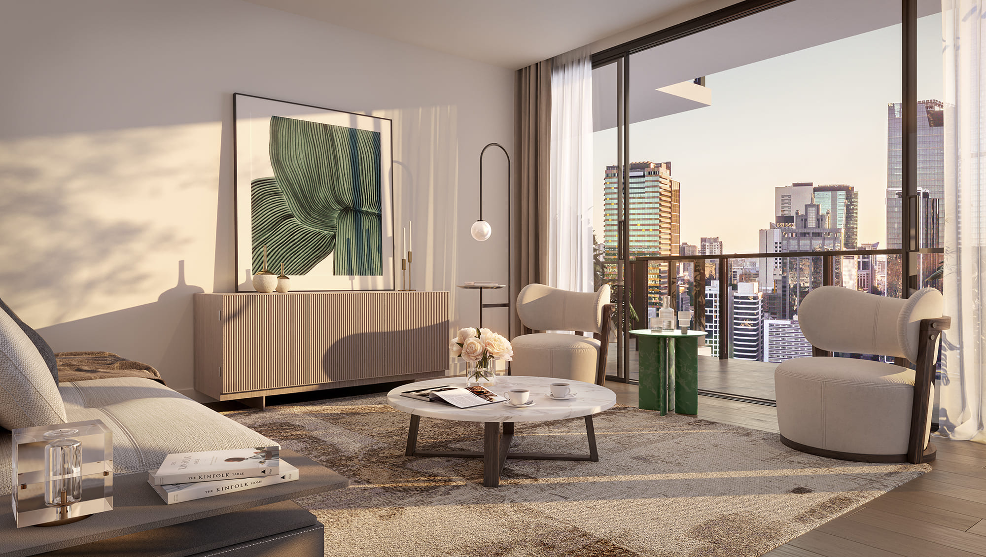 Akin living room render with view of Brisbane skyline