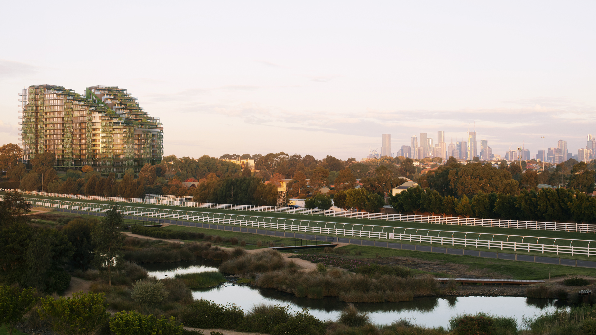 Artist impression of The Darley building looking over Flemington Racecourse