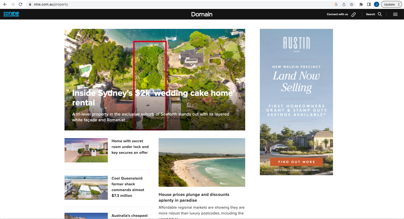 Screenshot of nine.com.au property page showing display ad of Austin land estate