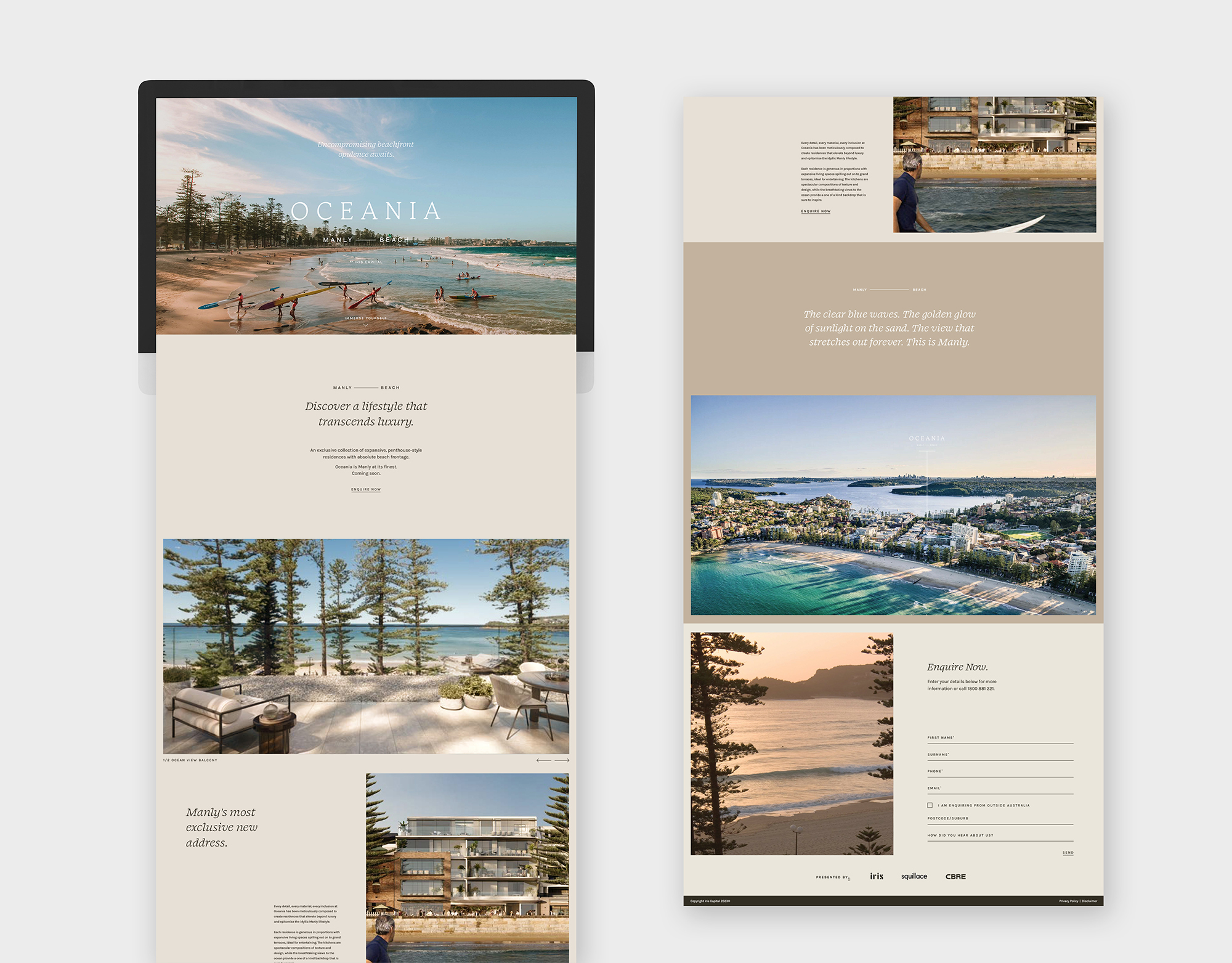 mock up of landing page for Oceania - apartments in Manly Beach