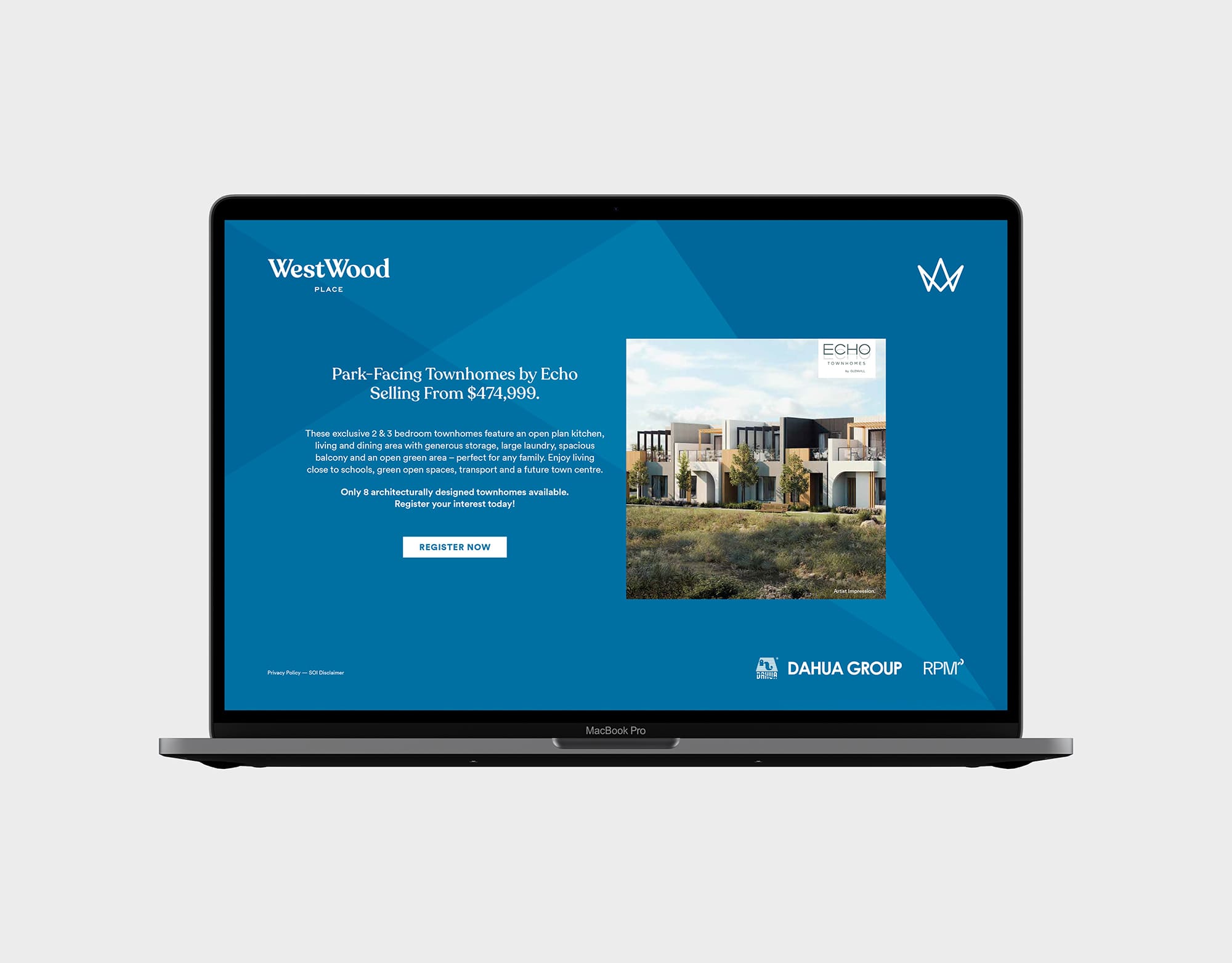 Desktop landing page for Westwood land estate - short title, paragraph and button next to an image