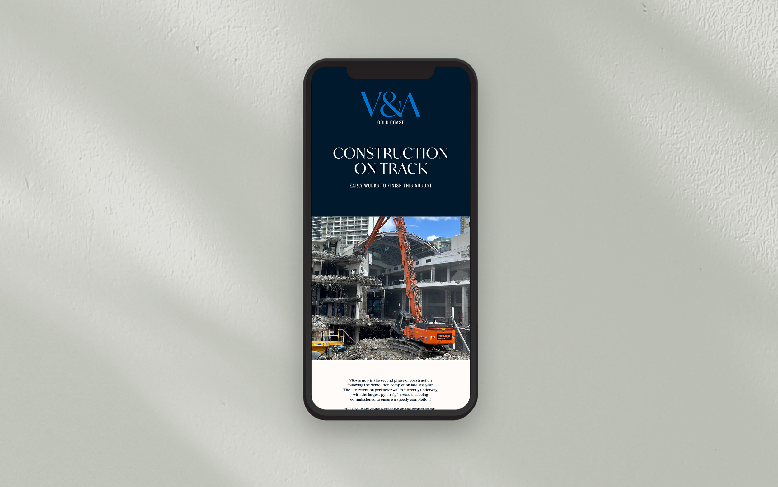 EDM providing a construction update for V&A, displayed on mobile phone